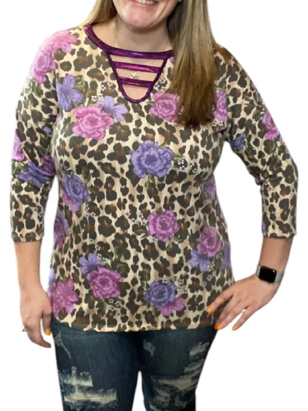 Leopard Floral Spliced Tee In Purple Multi