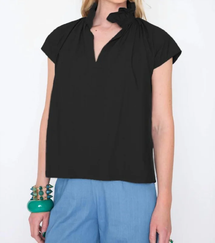 Short Sleeve Top In Black Poplin