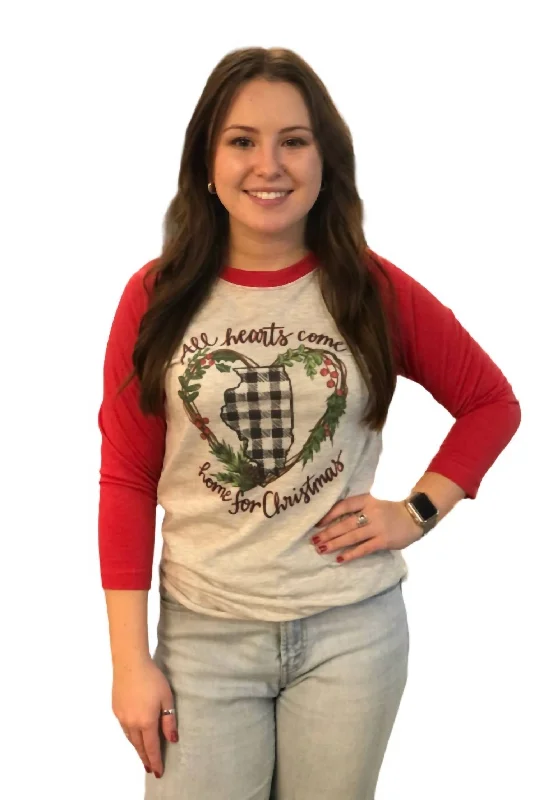 All Hearts Come Home For Christmas Raglan Tee In Red