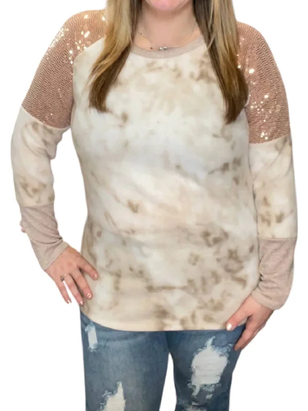 Tie Dye Sequin Shoulder Tee In Brown