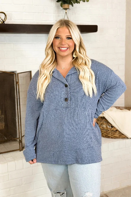 Blue Ribbed Long Sleeve Pocket Top