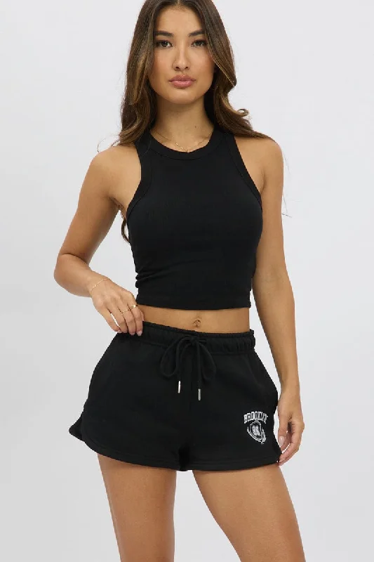 Black Track Shorts Mid Rise