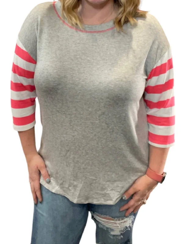 3/4 Sleeve Stripe Tee In Grey/pink