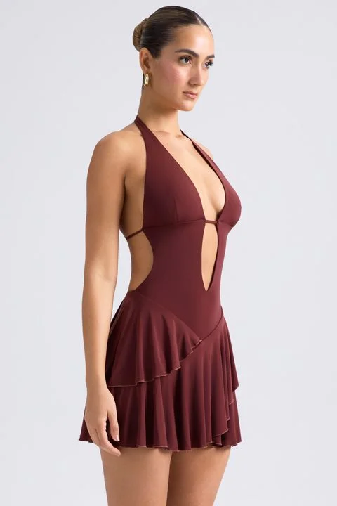 Ruffled Cut-Out Halterneck Mini Dress in Chestnut Brown