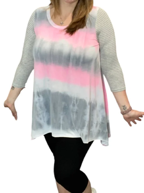 Tie Dye Meets Stripes 3/4 Sleeve Tee In Grey/pink