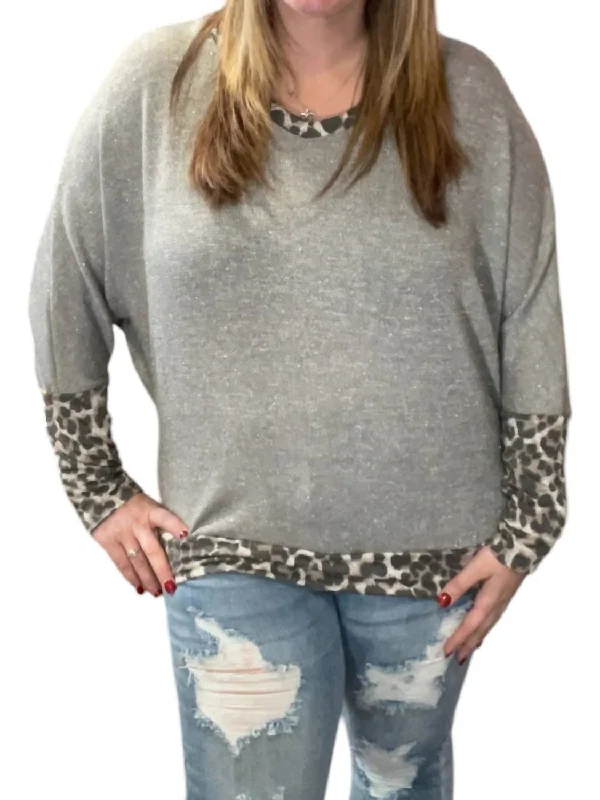 Dolman With Leopard Accents Tee In Grey