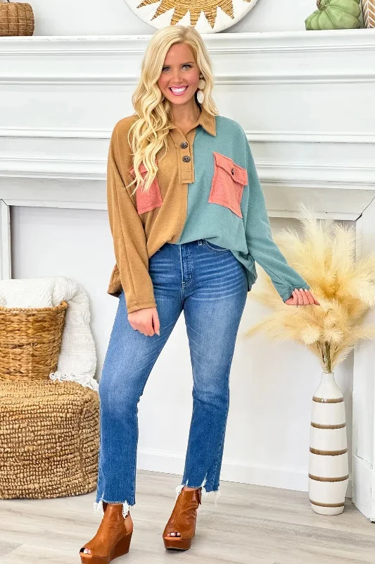 Mocha and Teal Front Pocket Color Block Top