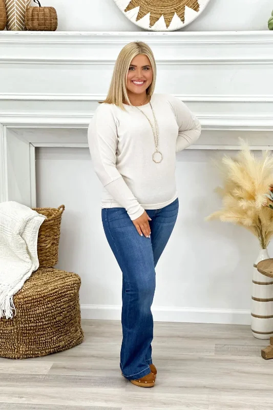 Oatmeal Basic Batwing Long Sleeve Top