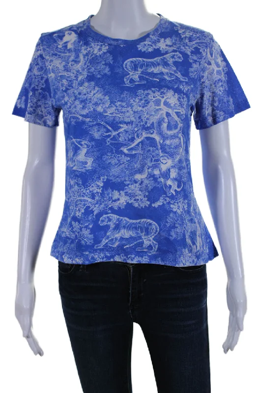 Christian Dior Womens Cotton Blend Blue Crew Neck Graphic Print Tee Top