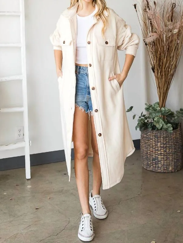 Women's Outfit For The Office Long Button Down Shirt Jacket With Side Pockets In Cream