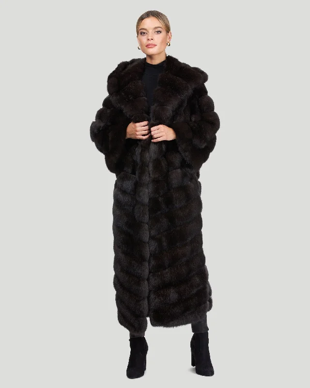 Affordable Online Boutiques Horizontal Russian Sable Coat with Hood and Leather Belt