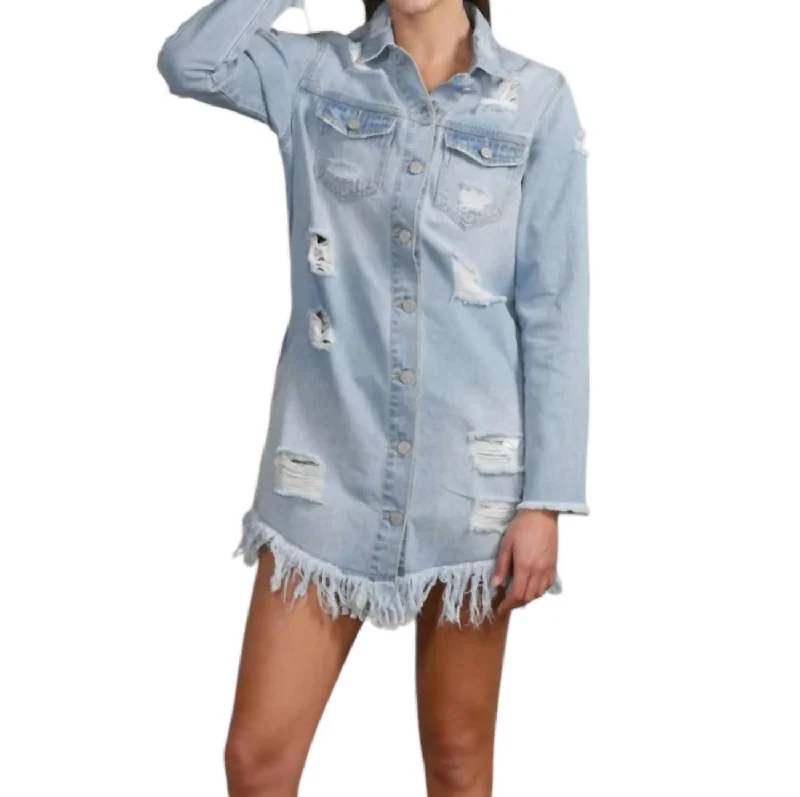 Women's Work Outfit For The Office Long Denim Jacket With Big Ripped Point In Washed