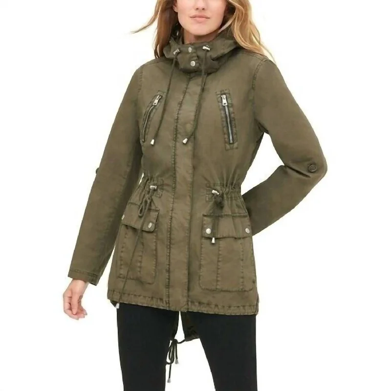 High-End Women's Apparel Parachute Fish Tail Mid Length Utility Jacket In Green