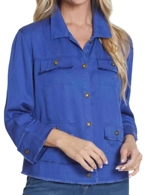 Women's Elegant Evening Outfit 3/4 Cuffed Sleeve Drop Shoulder Fringe Jacket In Deep Royal