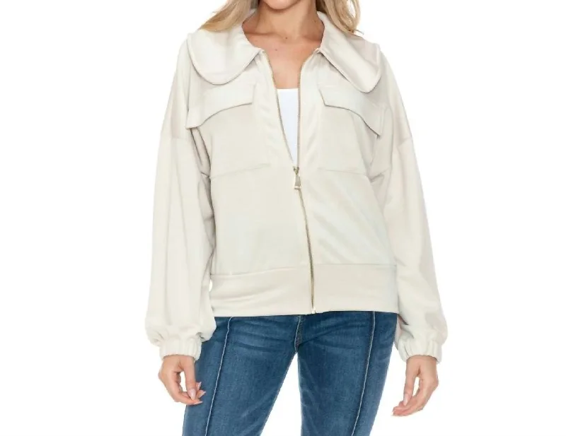 Affordable Women's Clothing Collared Jacket With Pockets In Cream