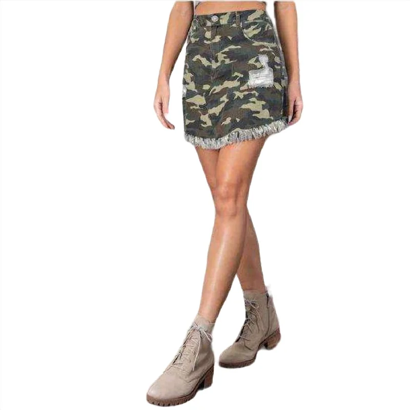 Distressed Frayed Skirt In Camo Print