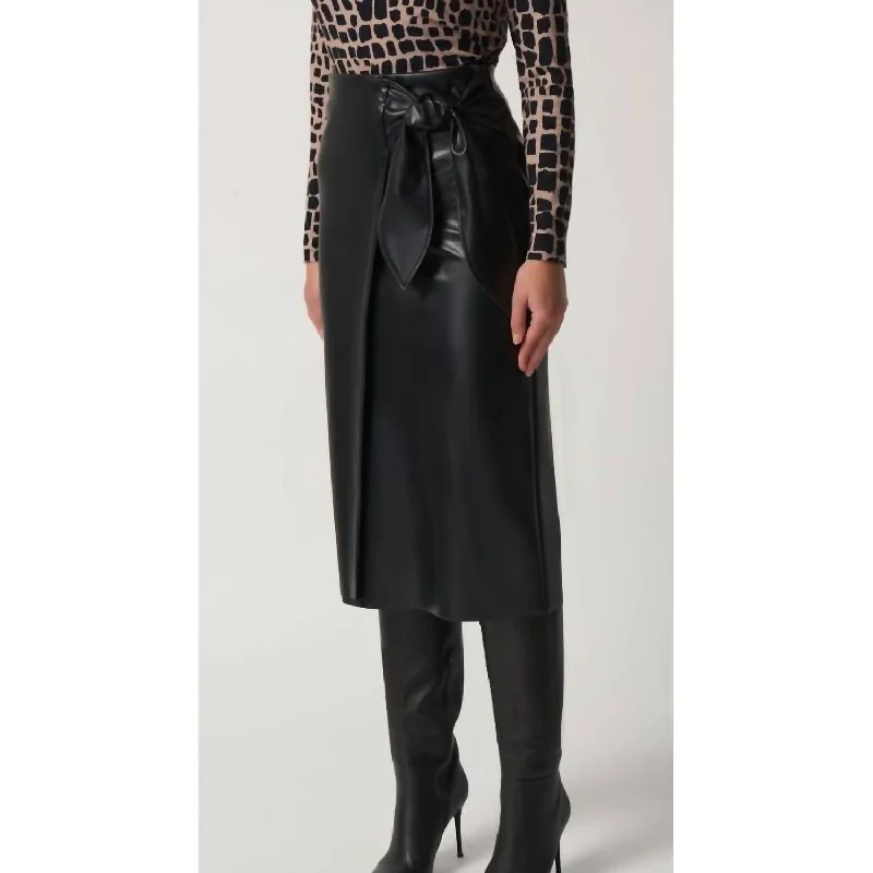 Faux Leather Tie Wrap Skirt In Black