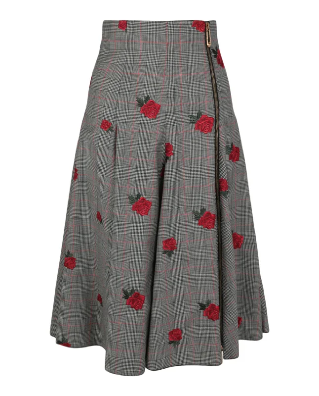 Floral Embroidered Plaid Skirt