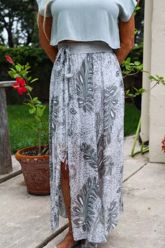 Palm Leaf Print Long Skirt In Light Grey