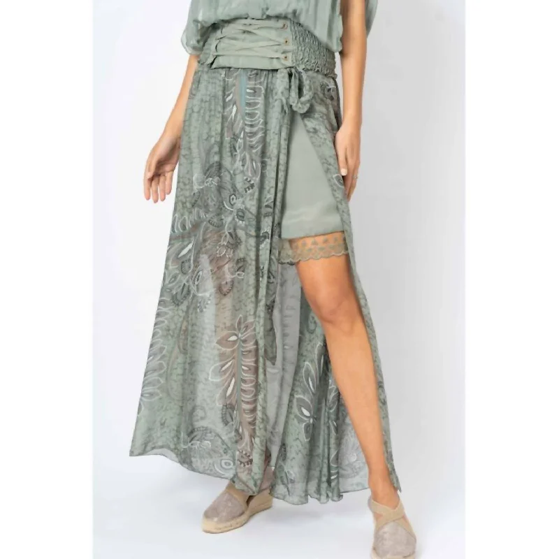 Palm Leaf Print Long Skirt In Olive