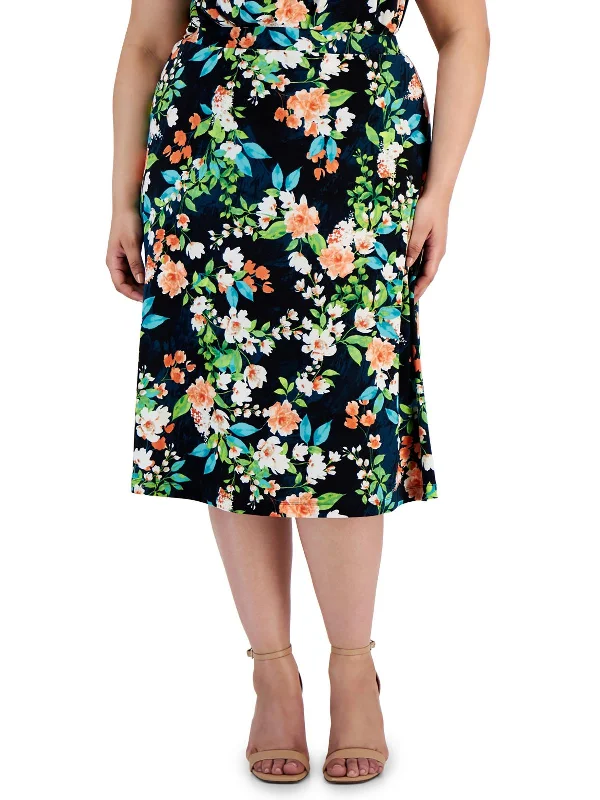 Plus Womens Knee Length Floral Print A-Line Skirt