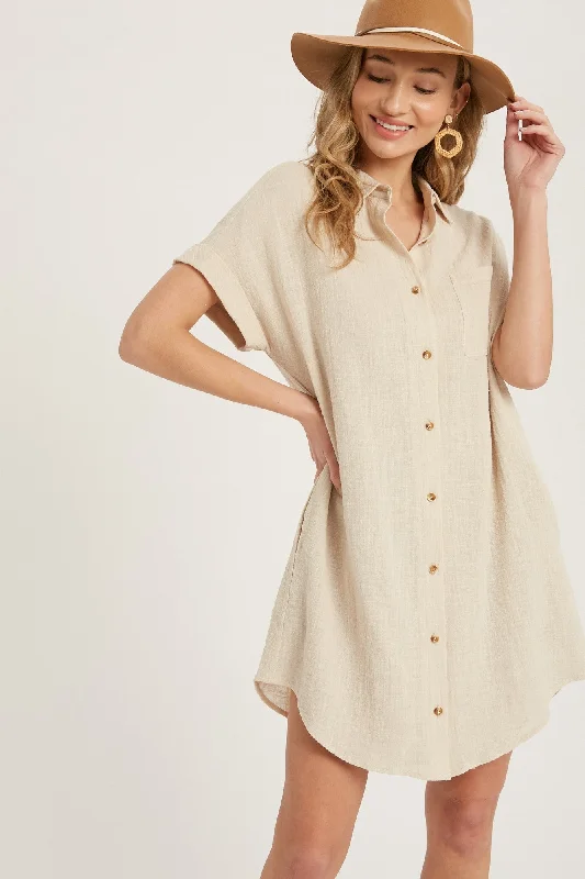 Beige Button Up Shirt Dress With Pocket