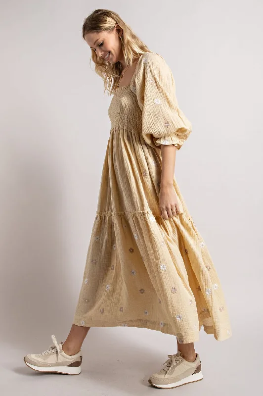 Beige Gauze Embroidery Smocking Tiered Gradient  Dress