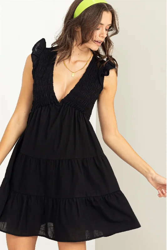 Black Flair Smocked Tiered Mini Dress