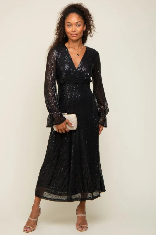 Black Sequin Long Sleeve Wrap Maxi Dress