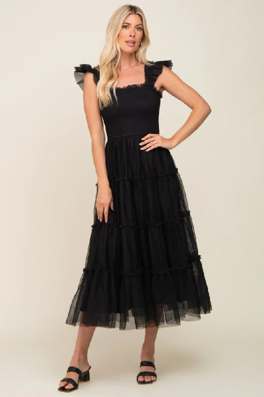 Black Smocked Mesh Ruffle Accent Midi Dress