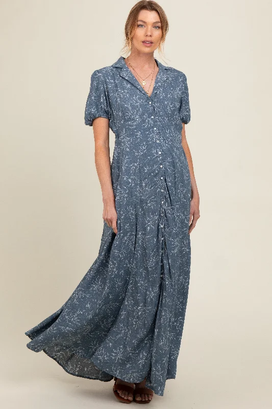 Blue Floral Button Down Maternity Maxi Dress