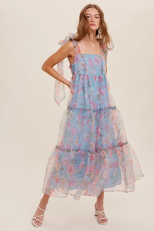 Blue Tiered Floral Print Organza Maxi Dress