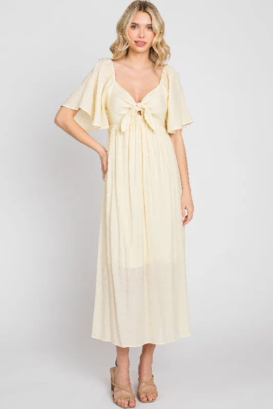 Cream Front Tie Ruffle Sleeve Midi Dress