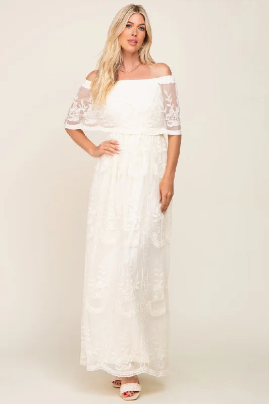 Cream Lace Mesh Overlay Off Shoulder Maxi Dress