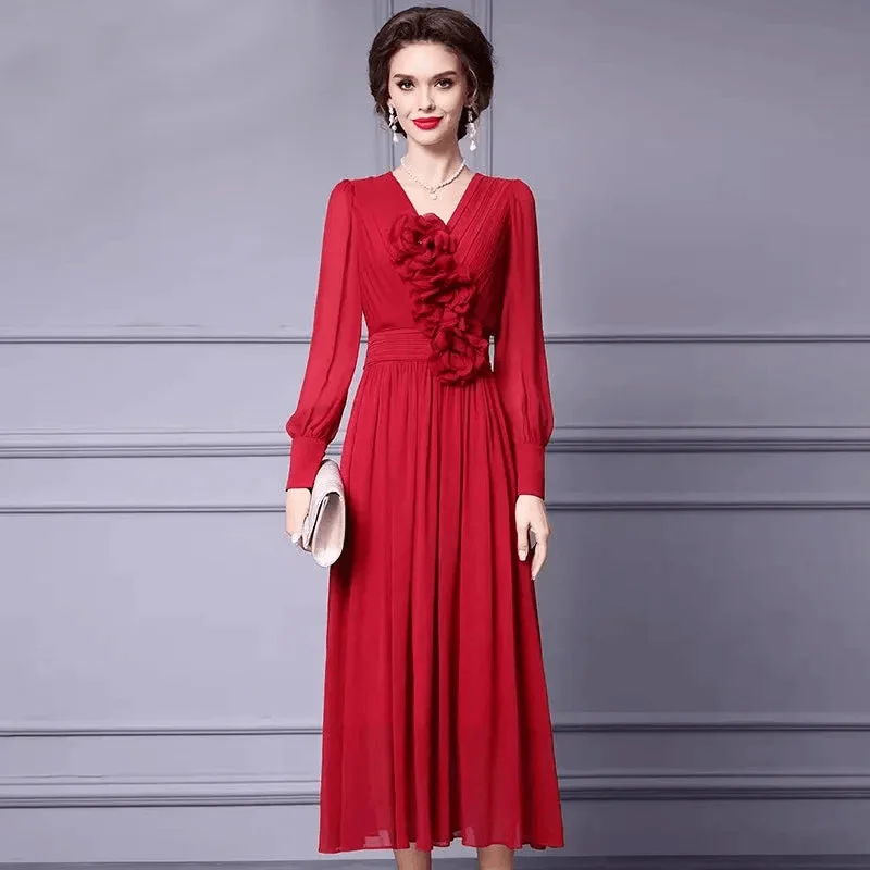 Elegant Solid Color Lantern Sleeve Dress – Women's Chic Appliqued High Waist Pleated Evening Dress for Autumn/Winter