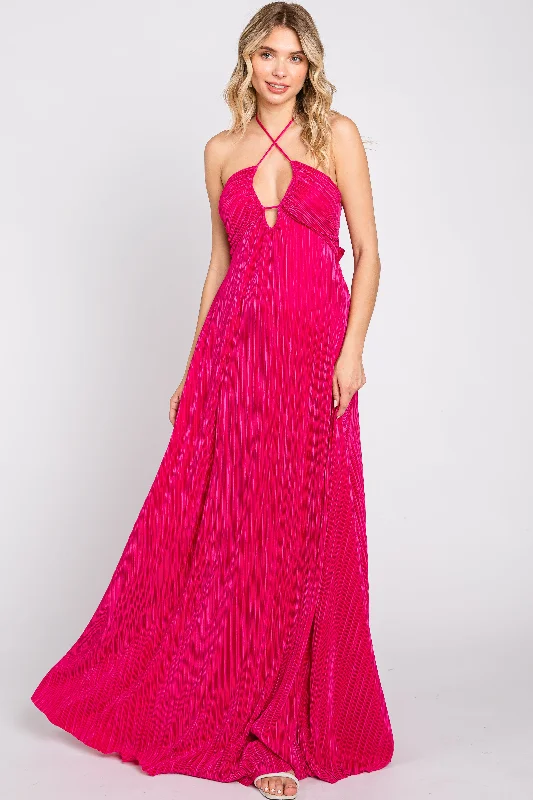 Fuchsia Plisse Halter Back Tie Maxi Dress