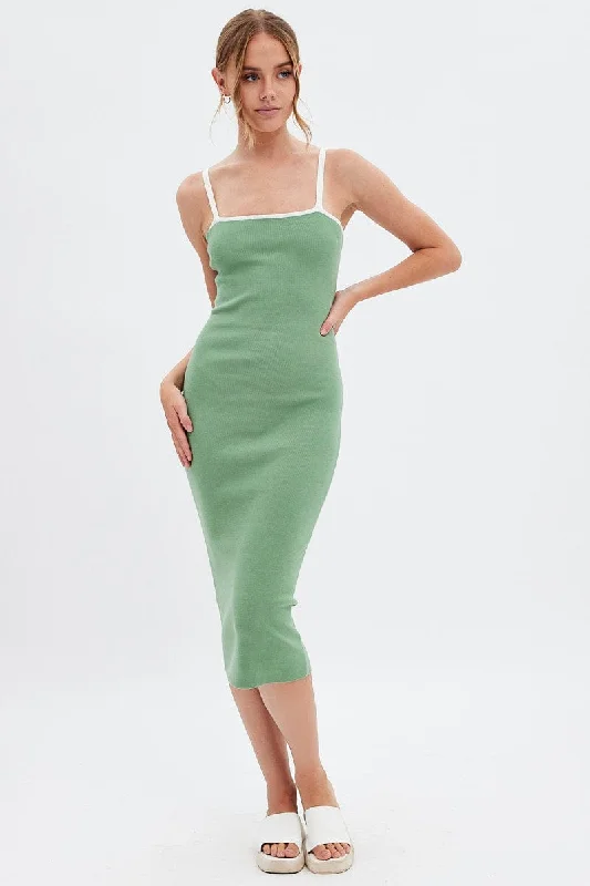 Green Knit Dress Sleeveless Midi Contrast Bind