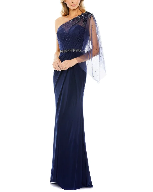 Mac Duggal Embellished One Shoulder Draped Gown