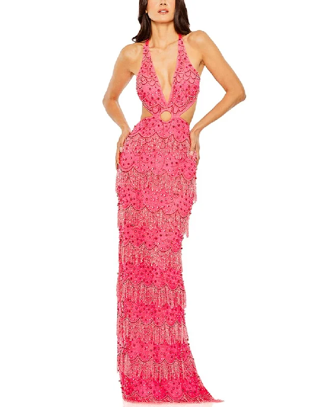 Mac Duggal Open Back Cut Out Fringe Embellished Gown