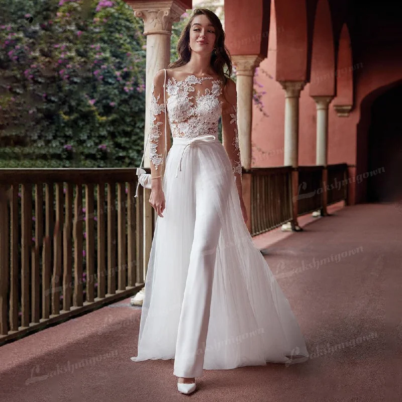 Modern Long Sleeve Jumpsuit Wedding Dress Scoop Neck White Lace Appliques Boho Bridal Dress with Detachable Train Robe Mariee