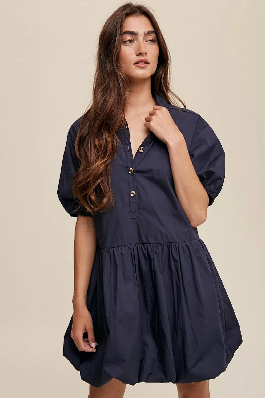 Navy Button Front Bubble Mini Dress