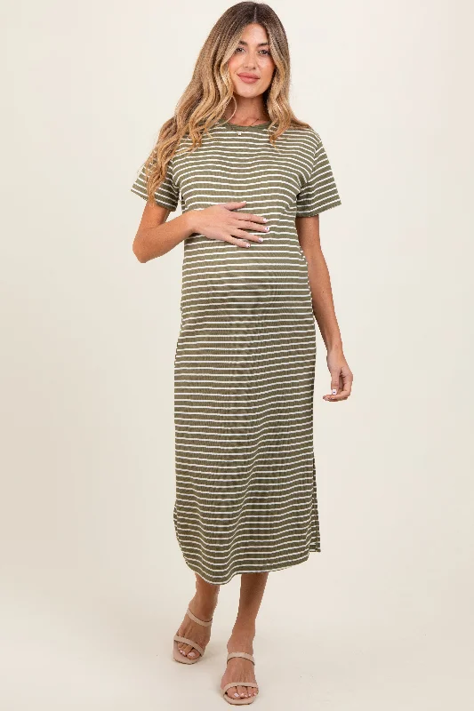 Olive Striped Short Sleeve Side Slit Maternity T-Shirt Midi Dress