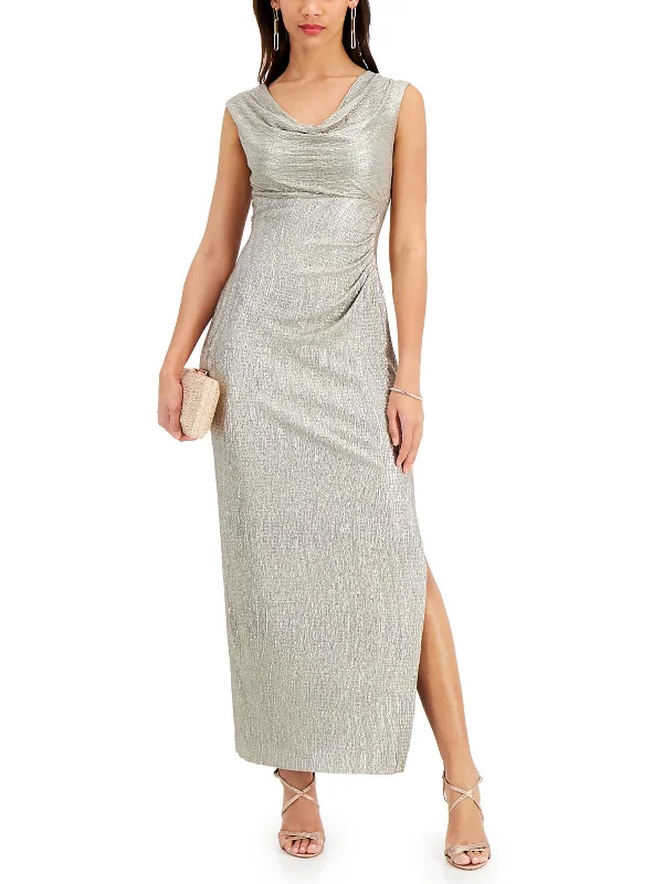 Petites Womens Metallic Cowl Neck Evening Dress