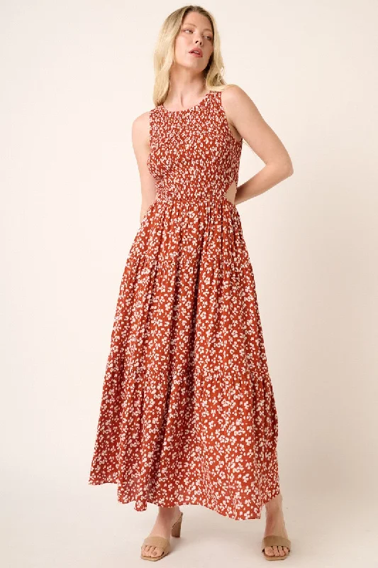 Rust Abstract Animal Print Cut Out Detail Maxi Dress