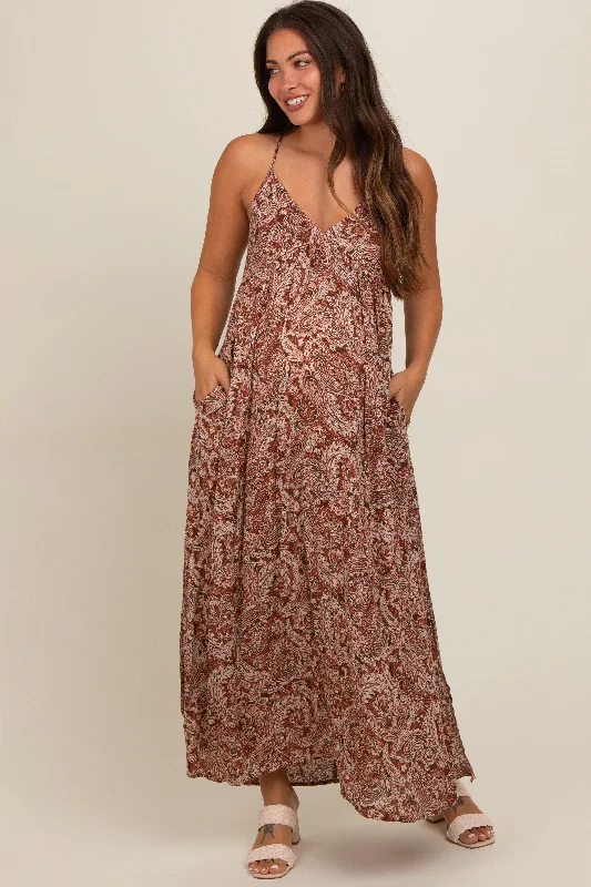 Rust Paisley Babydoll Cami Strap Maternity Maxi Dress