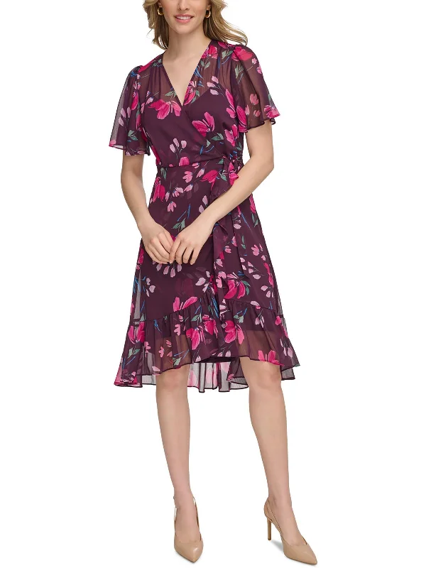 Womens Floral Print Hi-Low Wrap Dress