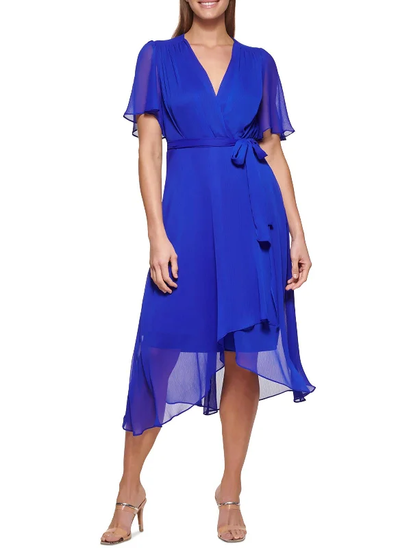 Womens Flutter Sleeve Midi Wrap Dress