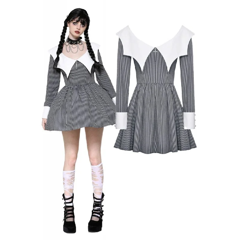 Women's Gothic Lolita Bat Striped Short Dress Gray White