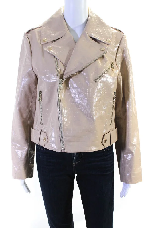 Alice + Olivia Womens Croc Embossed Long Sleeve Zip Up Jacket Nude