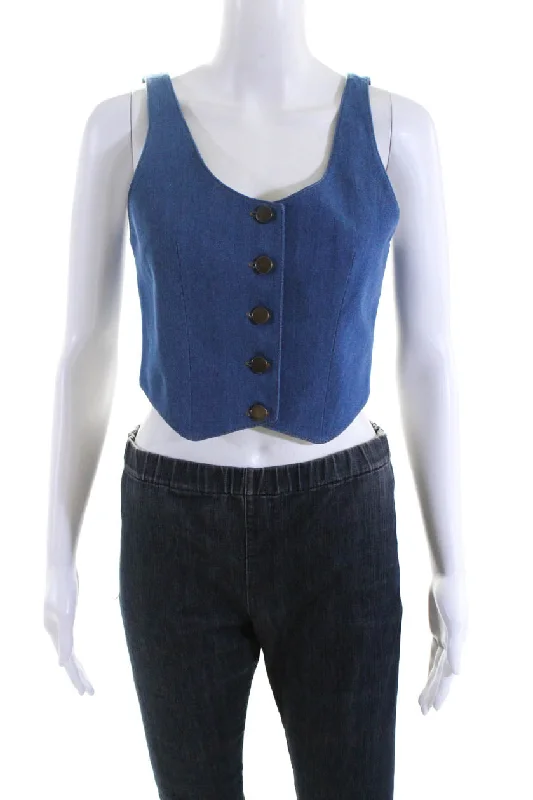 Aya Muse Womens Cosa Scoop Neck Button Up Denim Waistcoat Vest Blue